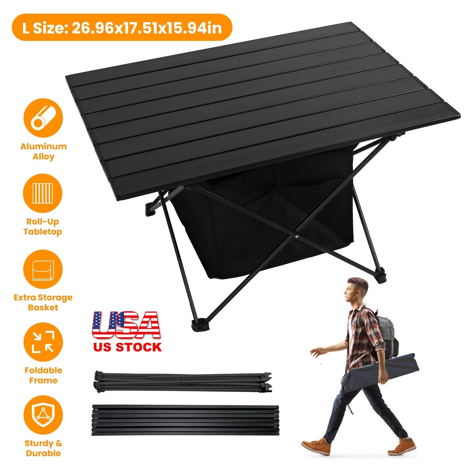 Foldable Camping Table with Storage Basket | Rustproof Aluminum Alloy & Roll-Up