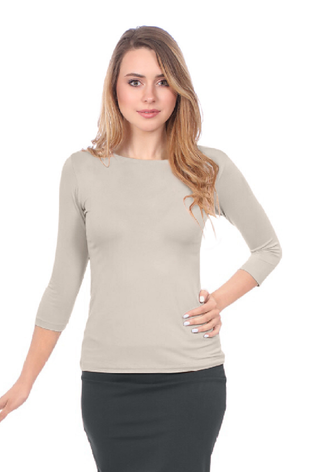 Fitted 3/4 Sleeve Layering Shell | High Round Neckline Slim-Fit Undershirt