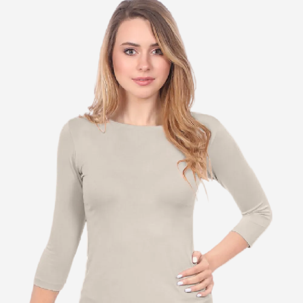 Fitted 3/4 Sleeve Layering Shell | High Round Neckline Slim-Fit Undershirt