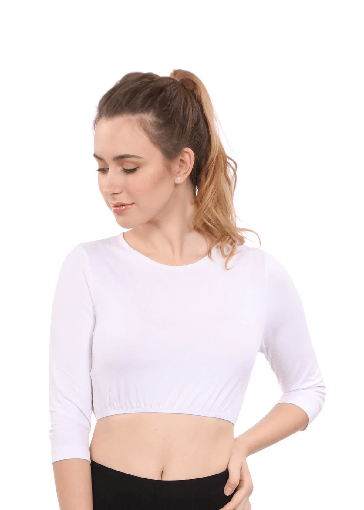 Modest Neck Cropped Layering | Cotton Spandex 3/4 Sleeve Shell Top
