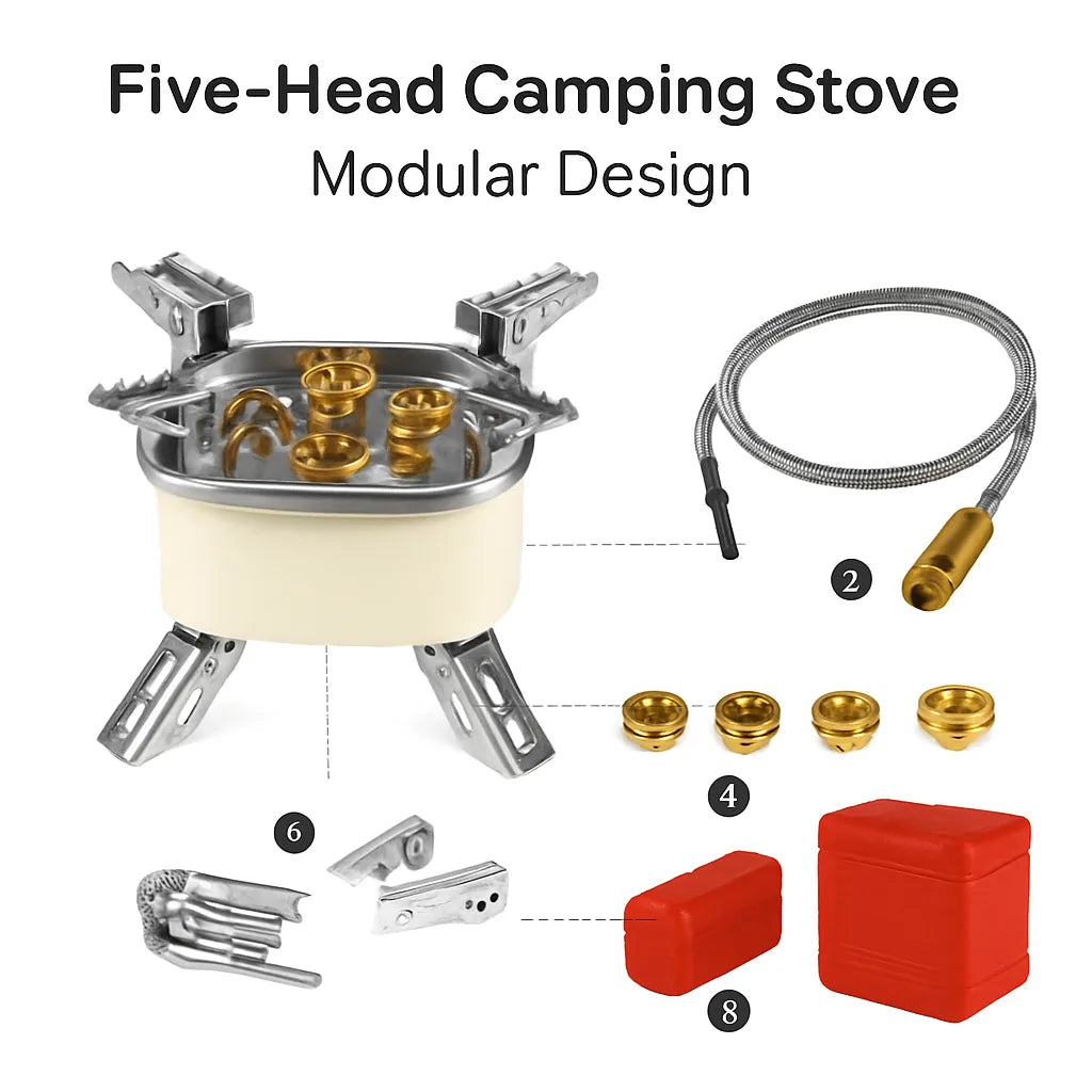 13000W Portable Windproof Camping Stove Five-Head Gas Cooking Burner | ISO-Butane, Propane, Butane