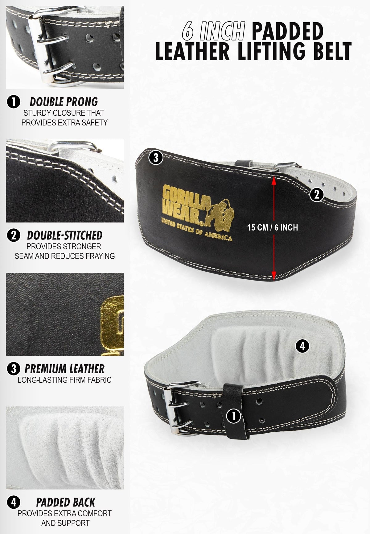 Gorilla Wear 6 Inch Padded Leather Lifting Belt | Black/Gold