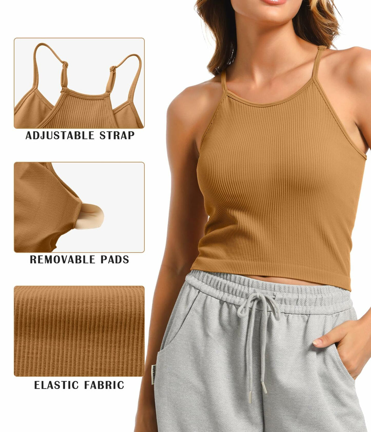 Women’s (Size L) Workout Tank Top with Built-in Bra | 2-Pack | Brown+White