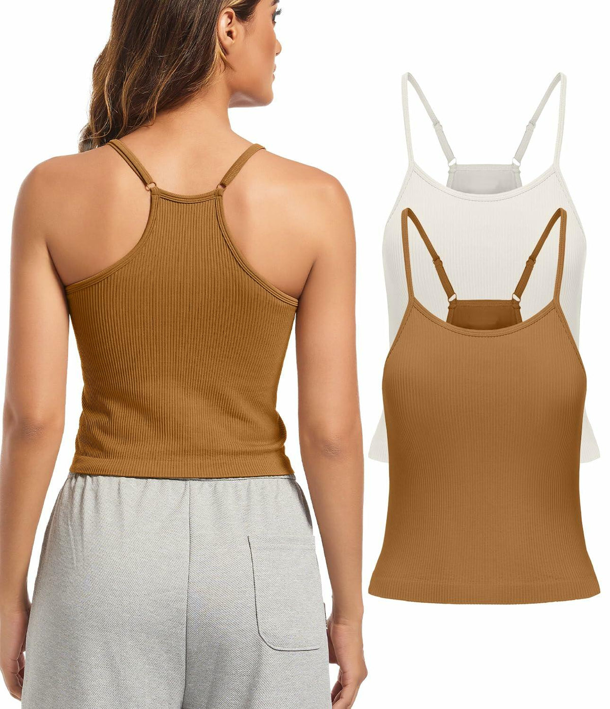 Women’s (Size L) Workout Tank Top with Built-in Bra | 2-Pack | Brown+White