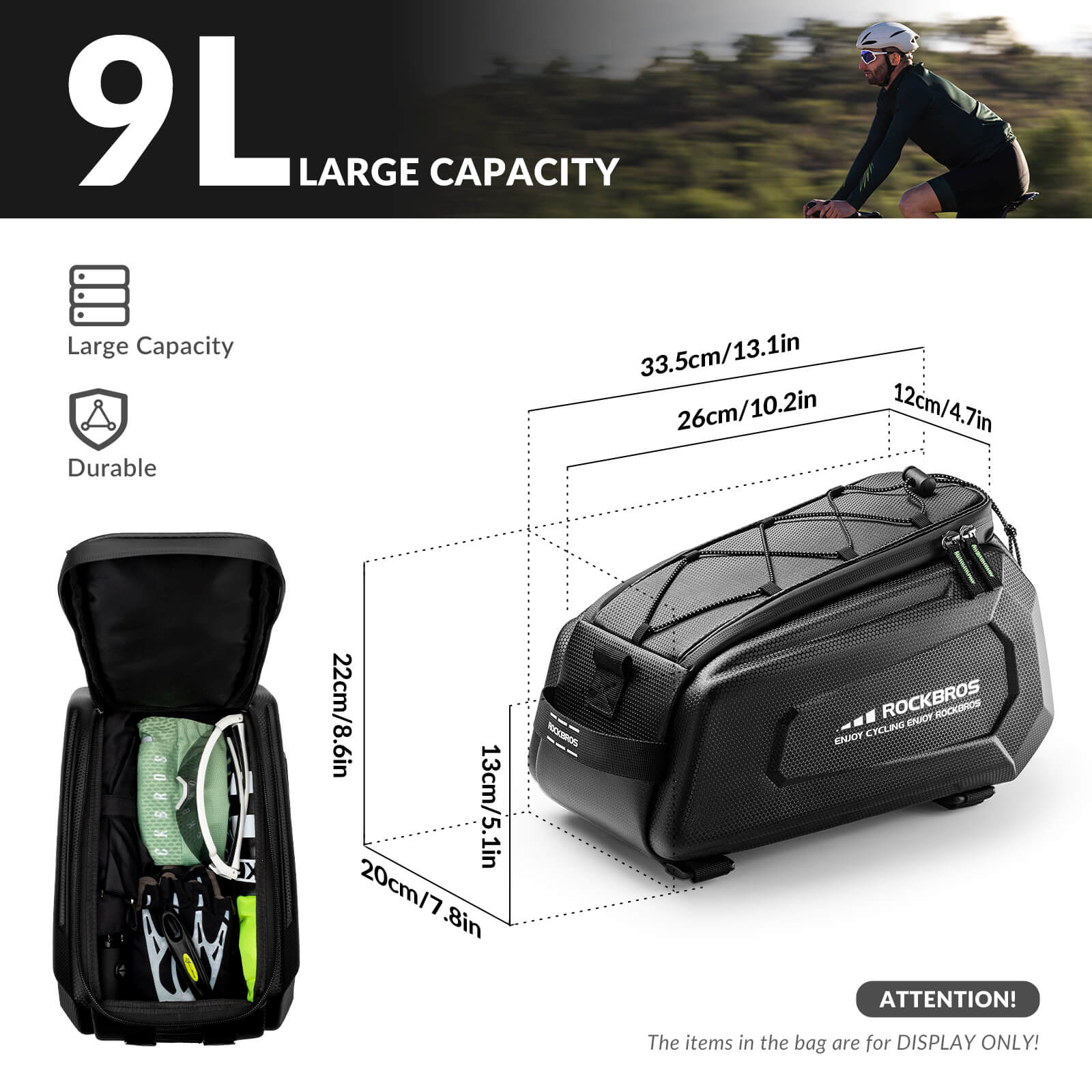 Hard Shell Bike Trunk Bag for Rear Rack | 9L